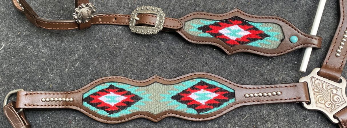 Showman Browband Headstall &amp; Breast collar set with wool southwest blanket inlay #4